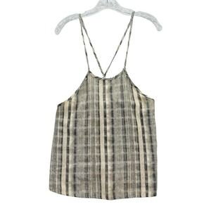 Womens XS White Gray Linen Striped Tie Shoulder Open Back Tank Top Crop